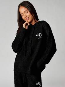 MISSGUIDED Oversized Knitted Hoodie With Logo Embroidery Cozy Winter Pullover Sweater - Black - View 3