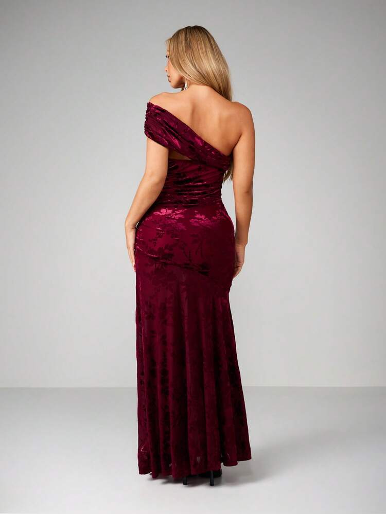 MISSGUIDED One Shoulder Velvet Maxi Dress With Floral Devore Pattern Ruched Split Evening Gown Christmas