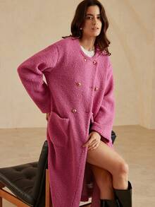 Aveloria Rosie Thickened Textured Fabric Round Neck Double-Breasted Long Commuter Jacket - Pink - View 3