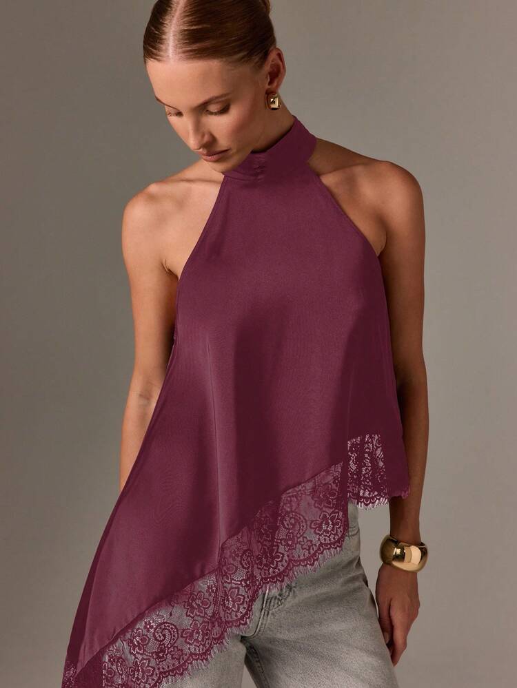 Asymmetric Satin Halter Top With Lace Trim