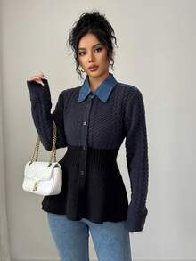 SHEIN Elenzya Cárdigan de punto con cuello de pana azul marino, diseño de remiendo, artesanía de cable, volante en el bajo y estilo vintage de un solo pecho para mujer - Azul Marino - Ver 6