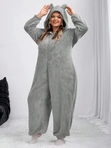 SHEIN CURVE+ 女士新款毛绒连体裤，适合家居服/秋冬 - 灰色 - 查看 5