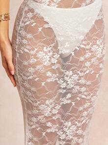 Silquee Bộ đồ lót gợi cảm gồm váy đuôi cá ren trắng cạp thấp và quần lọt khe trắng, thích hợp cho kỳ nghỉ, tiệc tùng, tiệc cocktail, đám cưới trên bãi biển, đồ lót ren xuyên thấu dành cho nữ. - trắng - Xem 8