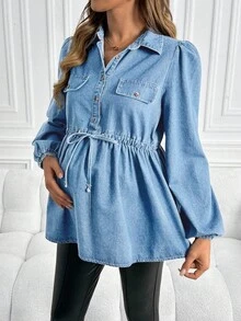 SHEIN 孕妇休闲宽松长袖蓝色牛仔上衣 - 淺色水洗藍 - 查看 1