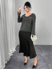Modelyn Plus Size Elegant Pearl Embellished Flare Sleeve Sweater, Autumn/Winter - Dark Grey - View 4