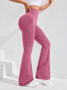 Core Rhythm 无缝纯色高腰休闲修身罗纹瑜伽紧身裤 - 西瓜粉 - 查看 6