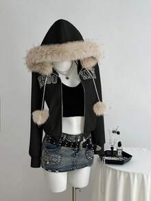 Elamini 女士外套，黑色抓绒连帽卫衣，人造毛皮拼接撞色设计，毛领，刺绣口袋，冬季款 - 黑色 - 查看 5