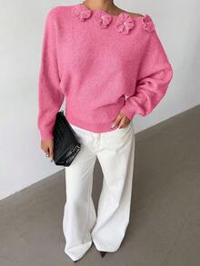 Elenzga Women's Elegant Floral Rhinestone Decor Asymmetric Shoulder Solid Color Sweater