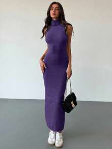 Aloruh Đầm len dáng chữ H dài siêu ngắn cổ lọ cổ cao màu xám phong cách tối giản dành cho người đi làm trẻ trung dạo phố - Màu tím - Xem 3