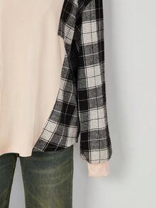 SHEIN LilyWest Sudadera de mujer con parches de color contrastante y estampado de cuadros, de estilo occidental versátil - Caqui - Ver 5