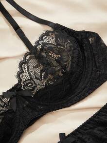 Charlaine 3pcs Women's Black Lace Bow Tie Waist Gather Sexy Lingerie Set, Including Top, Panty, And Garter Stockings - Black - View 3