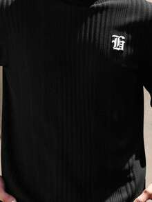 Manfinity NXTstreet 男士字母印花立领长袖修身休闲T恤 - 黑色 - 查看 2