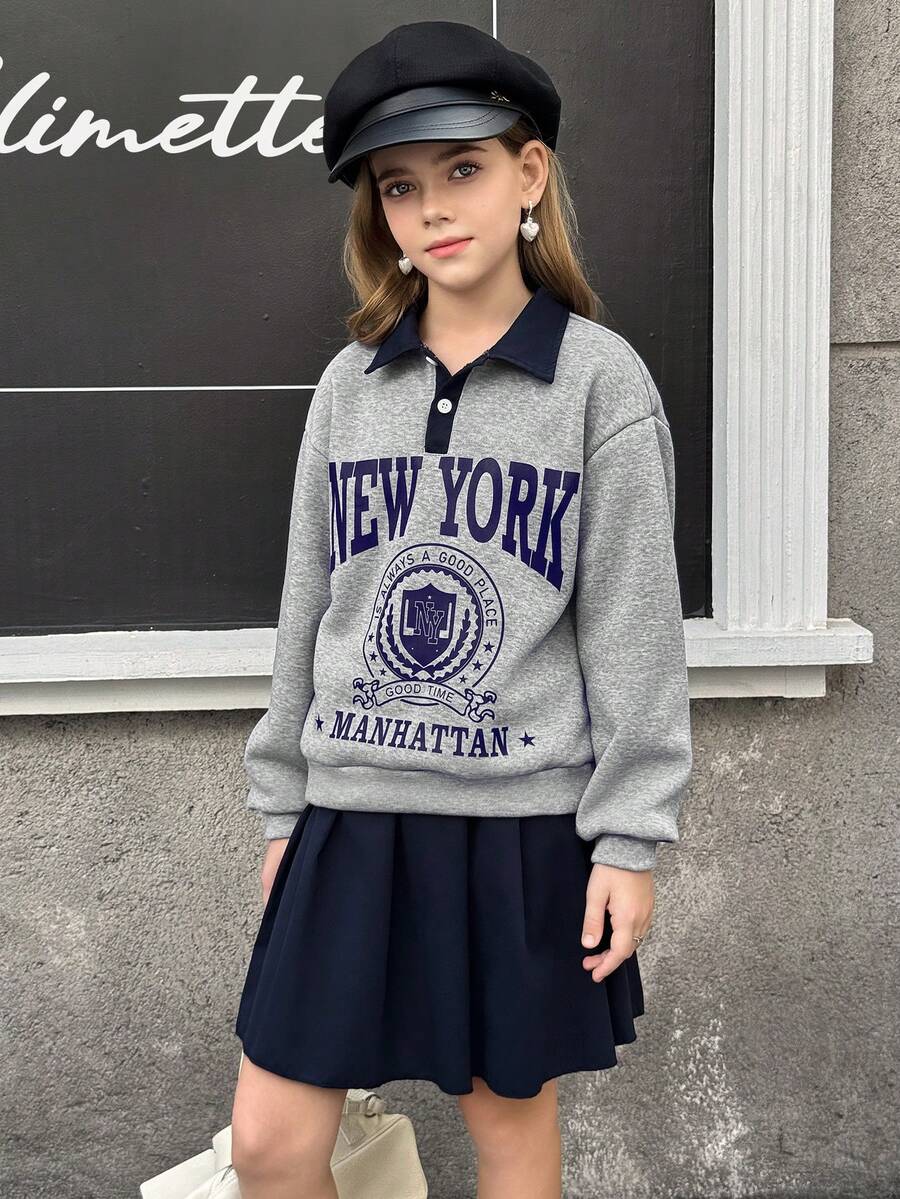 Tween Girls 2 In 1 Polo Collar Sweatshirt & Skirt Set - Multicolor - View 1