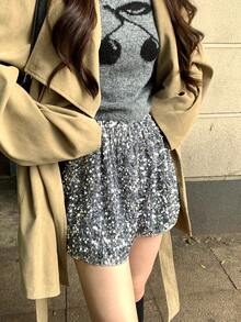 DAZY 女士亮片休闲短裤，韩式嘉年华风格 - 灰色 - 查看 2