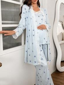 Moonlight&Mama 3pcs Striped Bow Print Contrast Lace Maternity Pajama Set, Winter