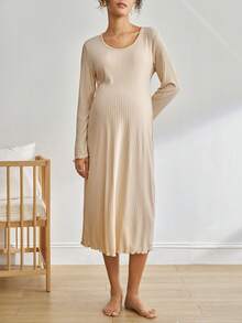 BloomMama Comfortable Ribbed Minimalist Lettuce Trim Flare Sleeve Dress, Chic Autumn Maternity Loungewear, Winter - Apricot - View 3