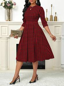 SHEIN Lady Váy dài tay bằng vải satin xanh, váy dài mùa thu họa tiết hoa, váy midi thanh lịch dành cho nữ - Đỏ - Xem 4