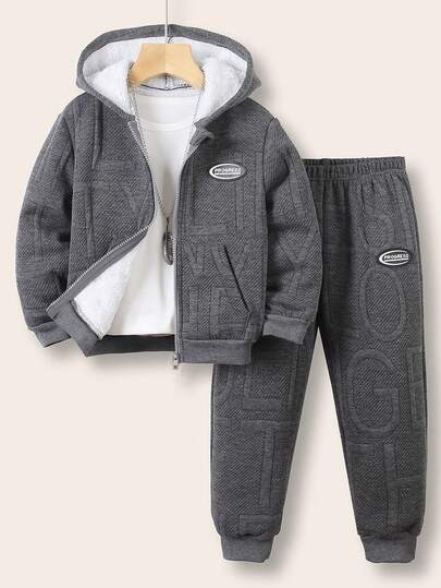 SHEIN Genkimix Kids 2 件套可爱卡通印花拉链连帽衫和慢跑裤套装，休闲街头服饰，舒适秋冬