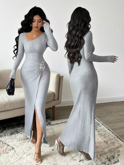 Elenzga Damklänning i enfärgad, moderiktig, vriden långklänning, asymmetrisk halsringning, stickad textur, åtsittande bodycon, vriden och slitsad klänning, eleganta outfits för kvinnor, höstkläder för kvinnor, enkla vinterkläder för kvinnor, festklänning