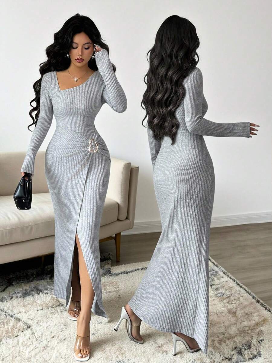 Elenzga 女士纯色时尚纯色扭纹长裙，不对称领口针织纹理紧身连衣裙，扭纹开衩设计连衣裙，女士优雅服装，秋季女装，冬季端庄女士服装，派对礼服 - 灰色 - 查看 1
