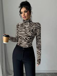 Elenzga 女士优雅圣诞派对高领打底长袖T恤印花图案T恤女式春季上衣动物纹印花高领T恤 - 彩色 - 查看 4