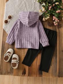 Cute Baby Girl Autumn 2-Piece Purple Soft Hooded Sweater With Embroidered Kitten Decor,Black Slim Fit Pants,Family Matching Outfit For Casual Sports - Purple - View 2