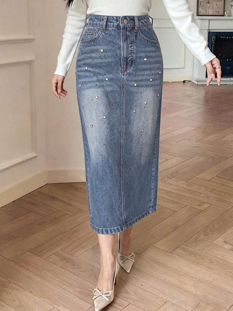 Women's Rhinestone Embellished Straight Cut Slit Skirt, Casual City Style Denim Skirtt
