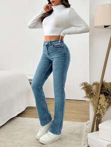 EURMUSE QUẦN JEANS CẠP CAO THẲNG KIỂU GÓT CÓ KHÓA KÉO CHO NỮ - Màu xanh nhạt - Xem 4