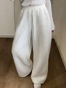 DAZY 女士加厚抓绒宽松蓬松舒适家居裤，冬季 - 白色 - 查看 4