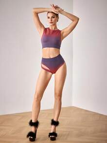 Menodora SHEIN Sport Women's Tie-Dye Print Hollow-Out Tank Top And Hollow-Out Design Bikini Bottoms Sports Set - Red Violet - View 2