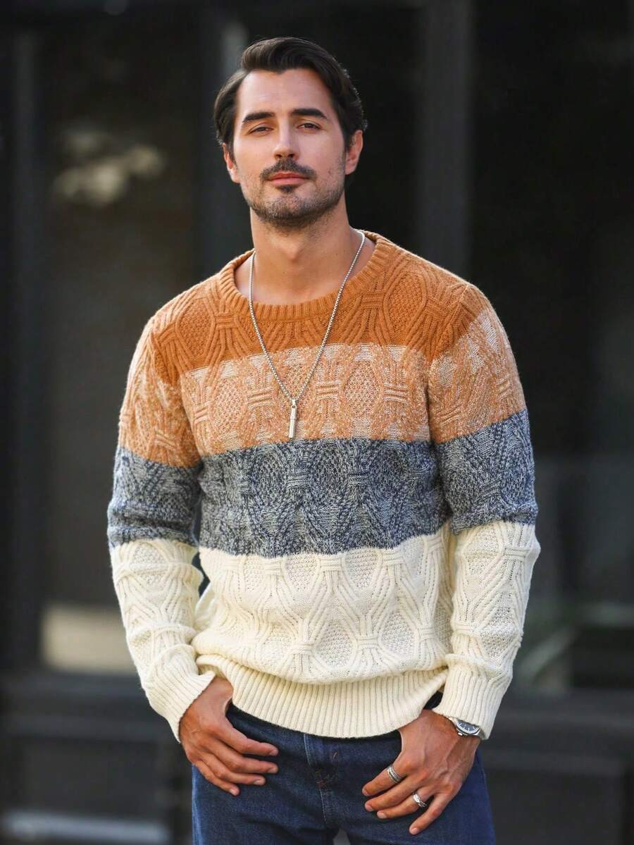 Manfinity Homme 大码男士撞色圆领长袖休闲毛衣，秋冬 - 彩色 - 查看 1