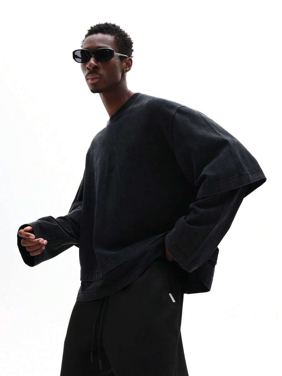 SUMWON Camiseta de Manga Longa Gola Redonda Regular Oversized para Sobreposição, Casual Streetwear