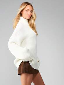 MISSGUIDED Super Oversized Quarter Zip Pullover Jumper Chunky Knit High Neck Fall Winter Cozy Sweater - White - View 5