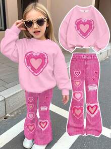 SHEIN 2 件套情人节心形图案少女休闲宽松圆领长袖运动衫和喇叭裤套装 - 彩色 - 查看 1
