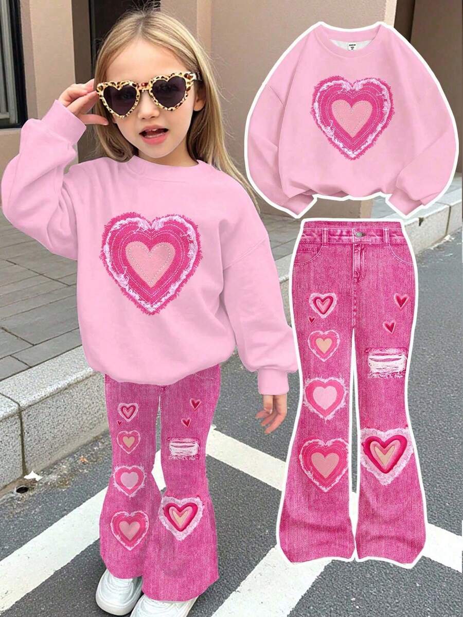 SHEIN 2 件套情人节心形图案少女休闲宽松圆领长袖运动衫和喇叭裤套装 - 彩色 - 查看 1