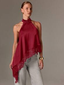 AiiRZ 不对称无袖立领缎面晚礼服上衣，带精致蕾丝边，适合聚会或出席优雅场合的衬衫 - 酒紅色 - 查看 4