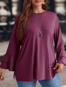 EMERY ROSE T-shirt casual à manches évasées et fente latérale violet pour femmes grandes tailles - Prune - Voir 3