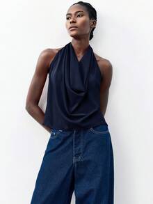 Maija 时尚性感纯色深V领露背吊带上衣 - 藏蓝色 - 查看 4