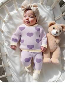 SHEIN 新生女婴可爱百搭针织粉色心形图案长袖毛衣和裤子套装，秋冬 - 淡紫色 - 查看 8