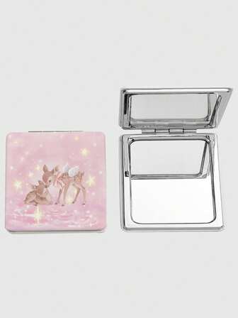 Kawaii 1 pièce Miroir de maquillage carré avec imprimé nœud rose et cœur, miroir portable à main pour filles (placement du motif aléatoire)