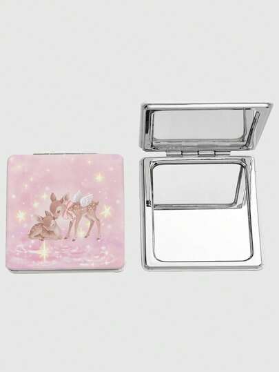 Kawaii 1 pezzo Specchio quadrato per trucco con stampa a fiocco rosa e cuore, specchio portatile da tenere in mano per ragazze (posizionamento del motivo casuale)