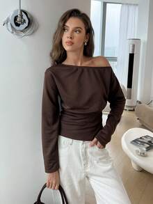 Easowa 女款優雅咖啡棕長袖上衣，修身羅紋收腰時尚上衣，適合秋季約會與冬季新年 - 棕色 - 查看 2