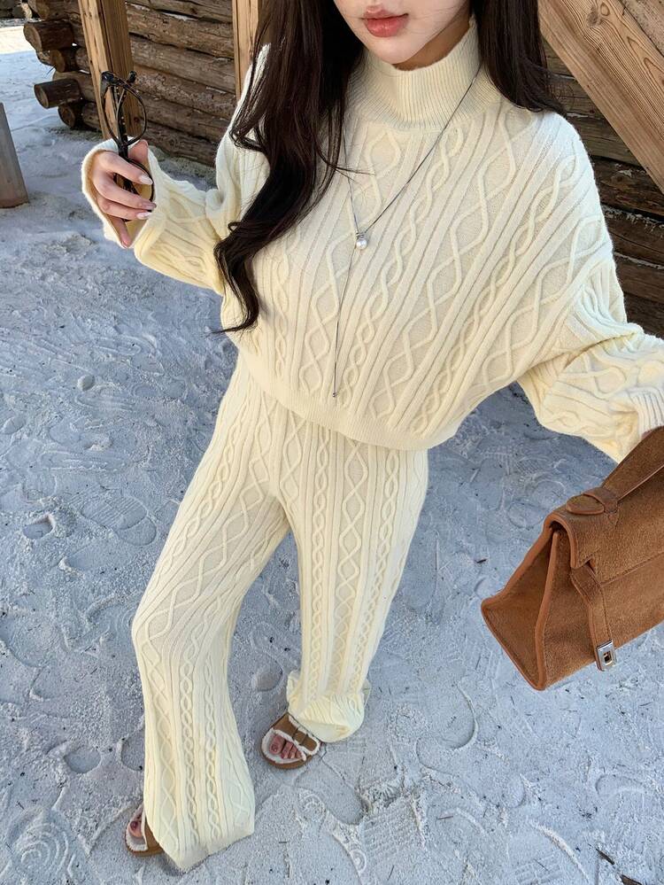 Women's Textured Cable Knit Loose Casual Business Elegant Stand Collar Sweater And Straight Leg Casual Pants Two Pieces Set, Suitable For Autumn, Winter, New Year, Christmas