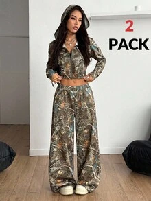 Coolane Bộ đồ dạo phố thu/đông cho nữ, áo hoodie có khóa kéo và quần ống đứng họa tiết cành cây, họa tiết rừng, đồ họa ngụy trang, đi chơi - Nhiều màu - Xem 2