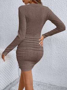 SHEIN Frenchy Solid V Neck Grain Fabric Skirt Bodycon Dress Elegant Spring - Camel - View 2