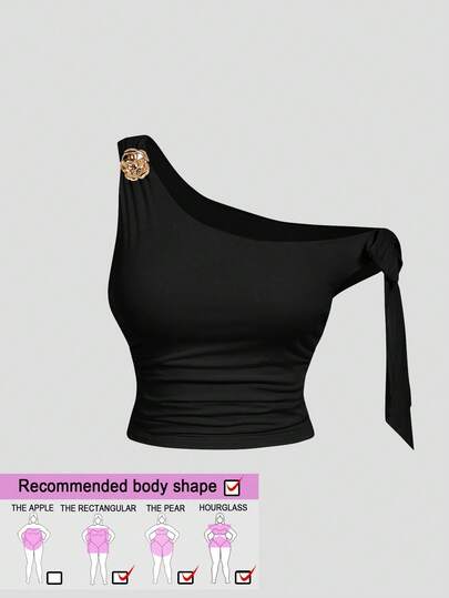 SHEIN MOD 大码女式黑色网纱斜肩金属花朵露脐上衣