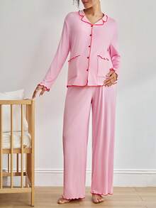 BloomMama Maternity Contrast Lettuce Trim Long Sleeve Top And Adjustable Waist Pants Loungewear Set, Spring/Autumn, Winter - Pink - View 4