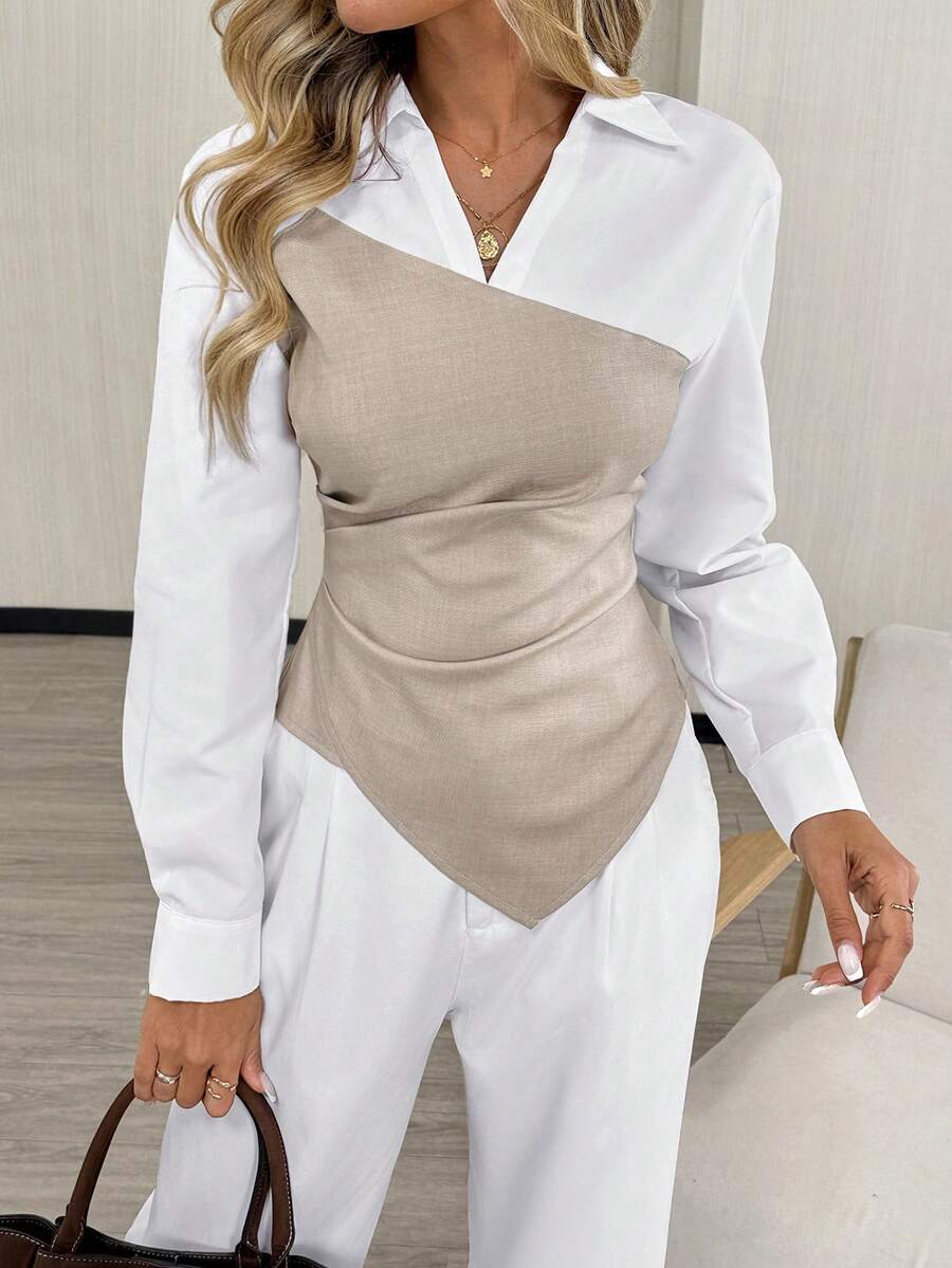 Easowa Camisa casual y suelta de mujer con elegante cuello asimétrico de color contrastante y empalme, para otoño/invierno