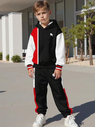 2 piezas Conjunto informal de sudadera con capucha de manga larga minimalista para niño preadolescente, apto para otoño/invierno, estampado de parche de patrón clásico, logotipo pequeño refinado con estampado de caballo caballero