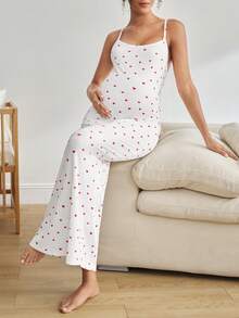 Moonlight&Mama Váy maxi cho con bú họa tiết gân tối giản thoải mái, đồ ngủ cho bà bầu, thời trang thu sang trọng - Đỏ và trắng - Xem 7